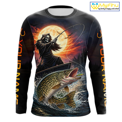 Personalized Fish Reaper Fishing Shirts Jerseys, Fish Reaper Sunset Pike Fishing Shirts Long Sleeve NHT830