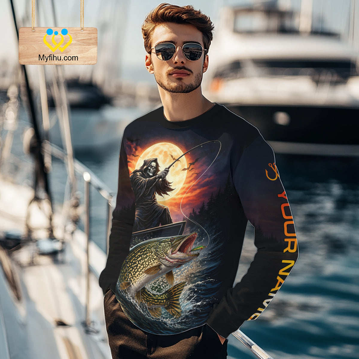 Personalized Fish Reaper Fishing Shirts Jerseys, Fish Reaper Sunset Pike Fishing Shirts Long Sleeve NHT830