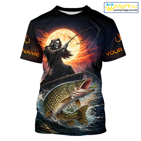 Personalized Fish Reaper Fishing Shirts Jerseys, Fish Reaper Sunset Pike Fishing Shirts T - Shirt NHT830