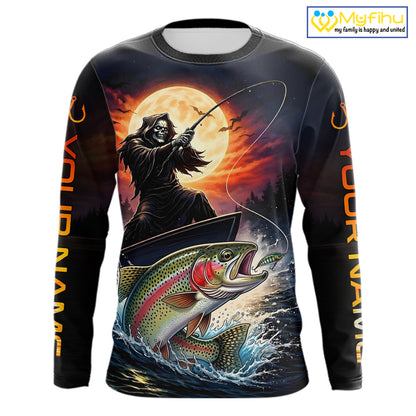 Personalized Fish Reaper Fishing Jerseys, Fish Reaper Sunset Rainbow Trout Fishing Shirts Long Sleeve NHT832