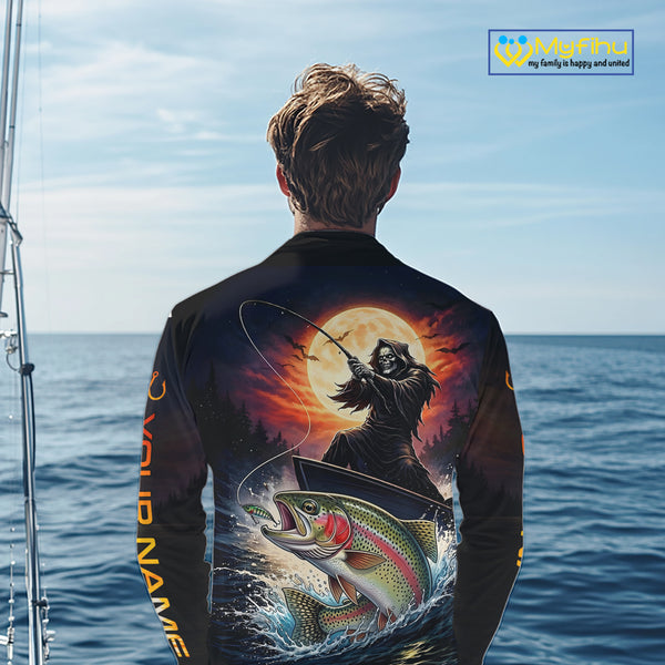 Personalized Fish Reaper Fishing Jerseys, Fish Reaper Sunset Rainbow Trout Fishing Shirts Long Sleeve NHT832