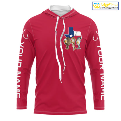 Texas Slam Funny Fishing Redfish, Trout, Flounder Fishing Shirts Long Sleeve Hooded For Men| Red NHT844