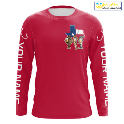 Texas Slam Funny Fishing Redfish, Trout, Flounder Fishing Shirts Long Sleeve For Men| Red NHT844