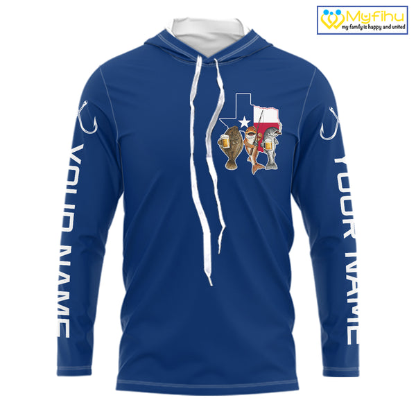 Texas Slam Funny Fishing Redfish, Trout, Flounder Fishing Shirts Long Sleeve Hooded For Men| Blue Navy NHT845