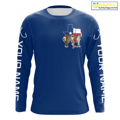 Texas Slam Funny Fishing Redfish, Trout, Flounder Fishing Shirts Long Sleeve For Men| Blue Navy NHT845