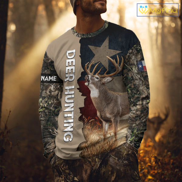 Season Deer Hunting Shirt Texas Flag 3D Custom Name Whitetail Deer Clothes For Hunters NHT93