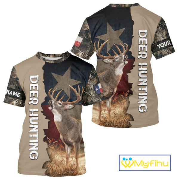 Season Deer Hunting Shirt Texas Flag 3D Custom Name Whitetail Deer Clothes For Hunters NHT93