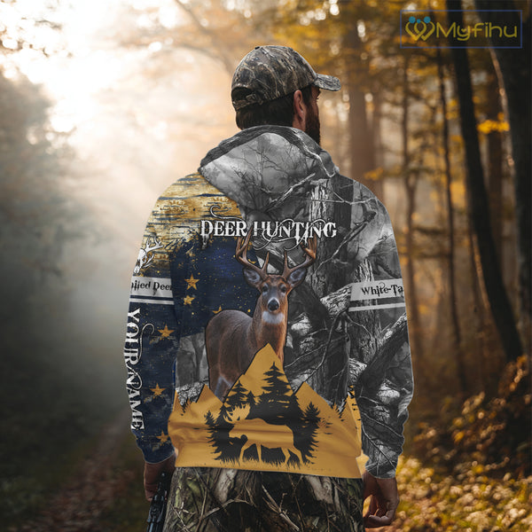 WhiteTails Deer Hunting Alaska Flag with Custom Name, Camo Gray Camouflage Details  NHT09