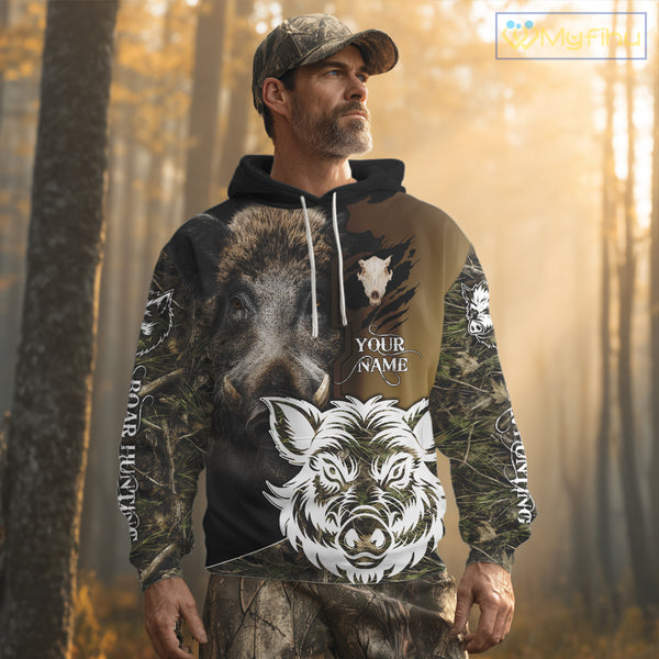 Wild Boar Hunting Shirt Custom Name Camo Skull Hunting Clothes For Hunters Gift NHT110