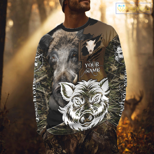 Wild Boar Hunting Shirt Custom Name Camo Skull Hunting Clothes For Hunters Gift NHT110