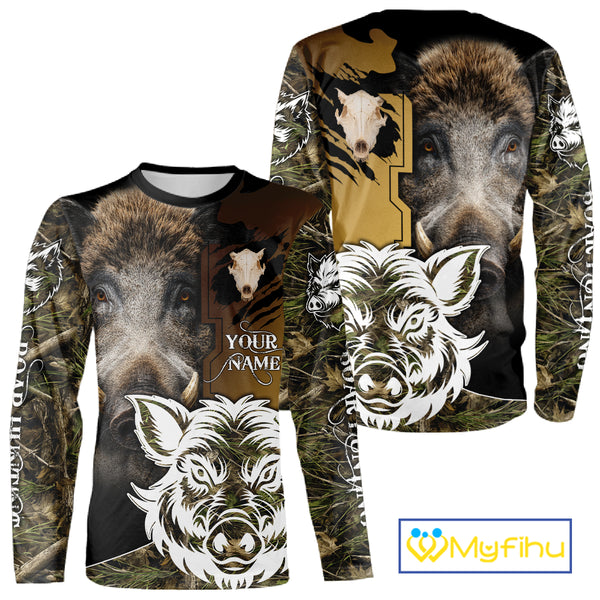 Wild Boar Hunting Shirt Custom Name Camo Skull Hunting Clothes For Hunters Gift NHT110