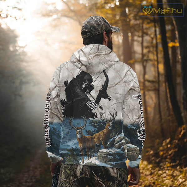 Blue Bowhunting Deer Camouflage Personalized Hunting Bow Grim Reaper Shirt NHT16