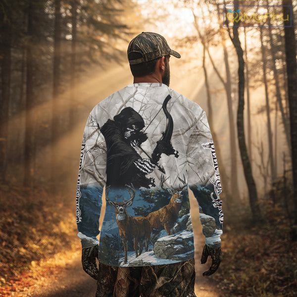 Blue Bowhunting Deer Camouflage Personalized Hunting Bow Grim Reaper Shirt NHT16