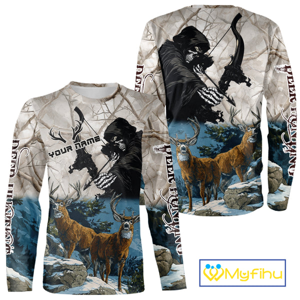 Blue Bowhunting Deer Camouflage Personalized Hunting Bow Grim Reaper Shirt NHT16