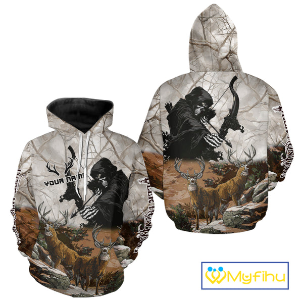 Brown Bowhunting Deer Camouflage Personalized Hunting Bow Grim Reaper Shirt NHT17