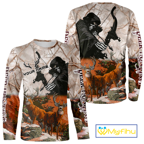 Orange Bowhunting Deer Camouflage Personalized Hunting Bow Grim Reaper Shirt NHT18