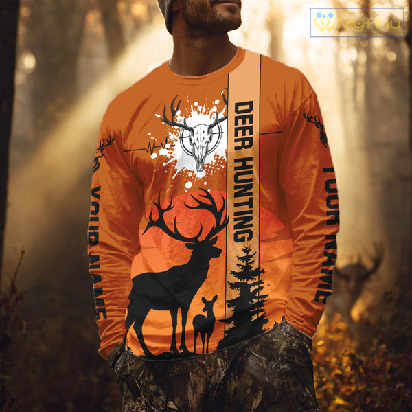 Custom Deer Hunting Shirt Orange 3D All Over Print with Deer Skull & Forest Silhouette NHT33