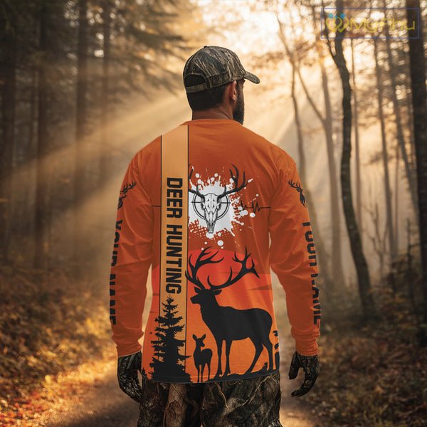 Custom Deer Hunting Shirt Orange 3D All Over Print with Deer Skull & Forest Silhouette NHT33