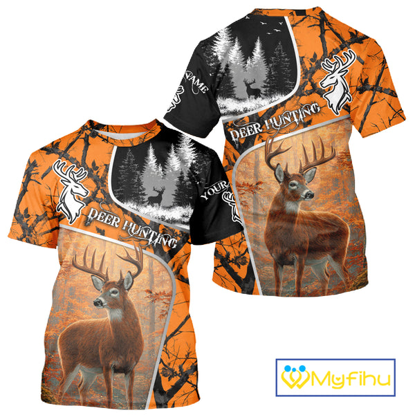 Beautiful Deer hunting Orange Camouflage custom Name Full printing Shirts Gifts For Men NHT39