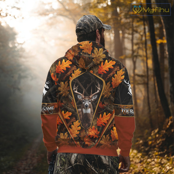 Personalized Whitetail Deer Hunting 3D All Over Printed Hoodie Orange Autumn Leaves Camo NHT43