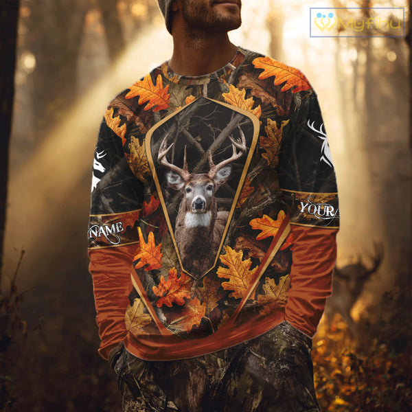 Personalized Whitetail Deer Hunting 3D All Over Printed Hoodie Orange Autumn Leaves Camo NHT43