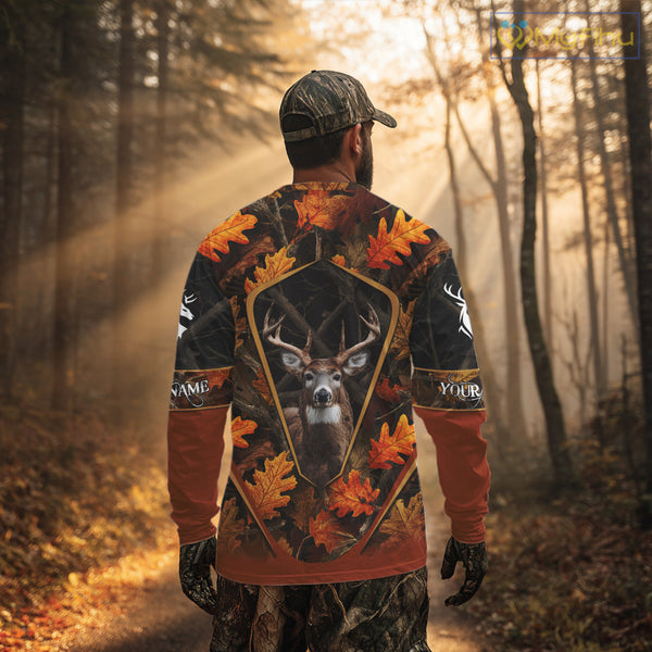 Personalized Whitetail Deer Hunting 3D All Over Printed Hoodie Orange Autumn Leaves Camo NHT43