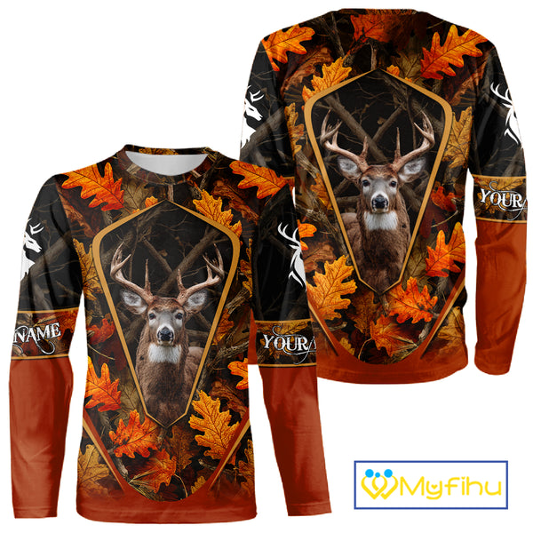 Personalized Whitetail Deer Hunting 3D All Over Printed Hoodie Orange Autumn Leaves Camo NHT43