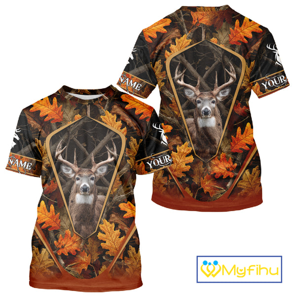 Personalized Whitetail Deer Hunting 3D All Over Printed Hoodie Orange Autumn Leaves Camo NHT43