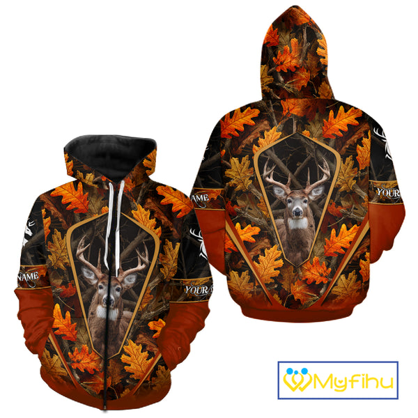 Personalized Whitetail Deer Hunting 3D All Over Printed Hoodie Orange Autumn Leaves Camo NHT43