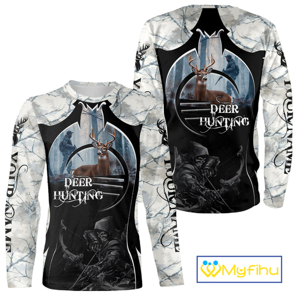 Best Buck Deer Hunting Clothes Winter Camo Grim Reaper Design Custom Name For Hunters NHT44