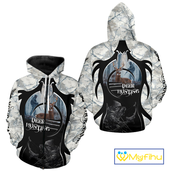 Best Buck Deer Hunting Clothes Winter Camo Grim Reaper Design Custom Name For Hunters NHT44