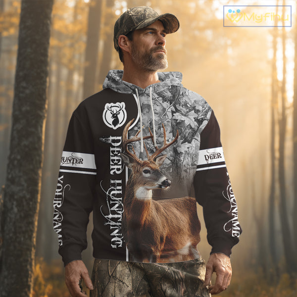 Deer Hunting Shirt Personalized 3D All Over Print Brown With Gray Camo Hunting Clothes NHT60