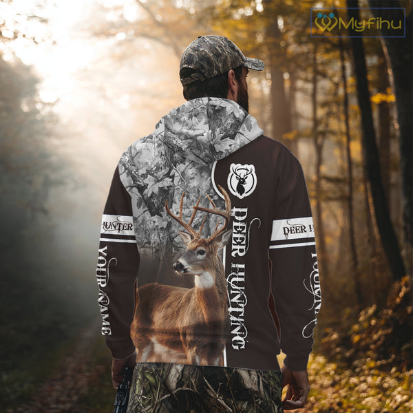 Deer Hunting Shirt Personalized 3D All Over Print Brown With Gray Camo Hunting Clothes NHT60