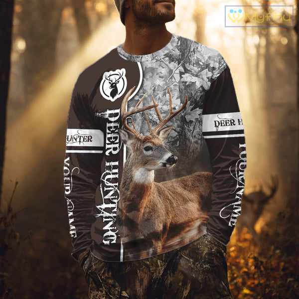 Deer Hunting Shirt Personalized 3D All Over Print Brown With Gray Camo Hunting Clothes NHT60