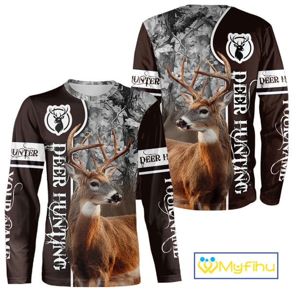 Deer Hunting Shirt Personalized 3D All Over Print Brown With Gray Camo Hunting Clothes NHT60