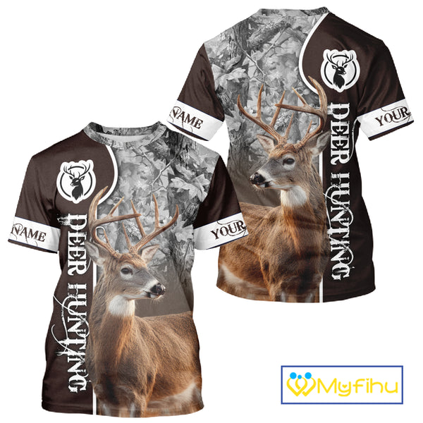 Deer Hunting Shirt Personalized 3D All Over Print Brown With Gray Camo Hunting Clothes NHT60