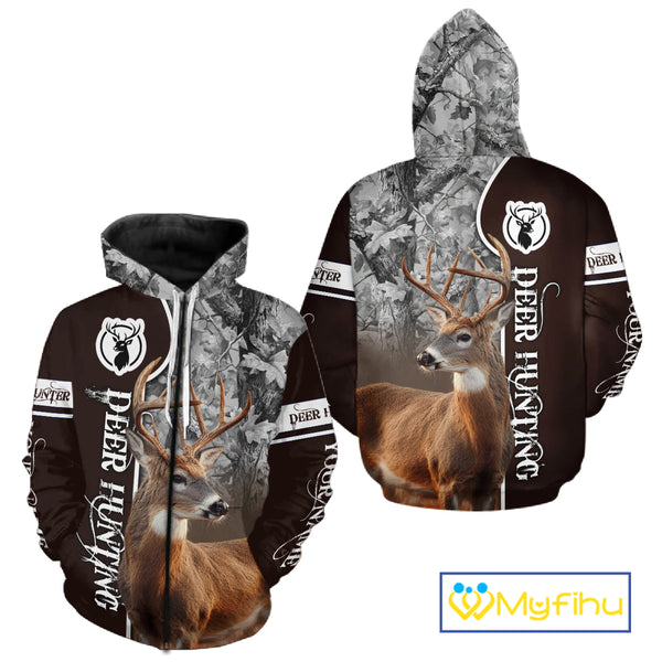 Deer Hunting Shirt Personalized 3D All Over Print Brown With Gray Camo Hunting Clothes NHT60