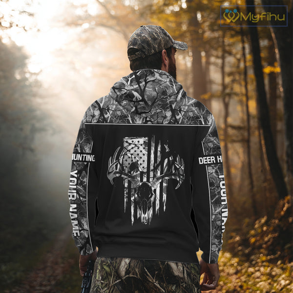 Beautiful Gray Black Camo Deer Hunting Shirt With Skull Print And US Flag Hunting Gifts NHT68