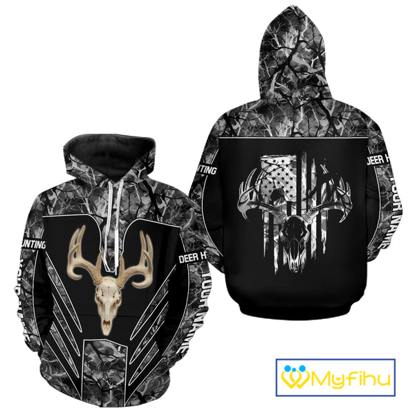 Beautiful Gray Black Camo Deer Hunting Shirt With Skull Print And US Flag Hunting Gifts NHT68