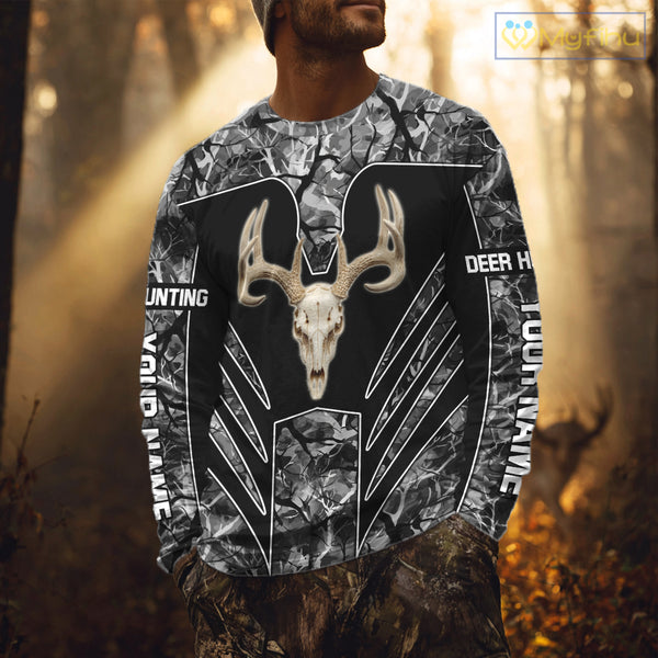 Beautiful Gray Black Camo Deer Hunting Shirt With Skull Print And US Flag Hunting Gifts NHT68