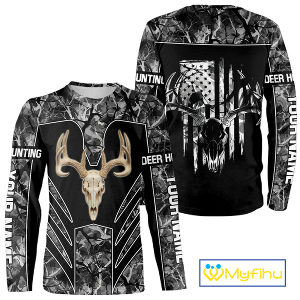 Beautiful Gray Black Camo Deer Hunting Shirt With Skull Print And US Flag Hunting Gifts NHT68