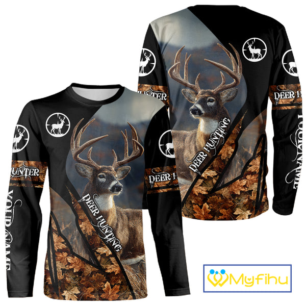 Whitetail Deer Hunting Shirt With Autumn Leaves Camo Pattern For Fall Season Hunters NHT75