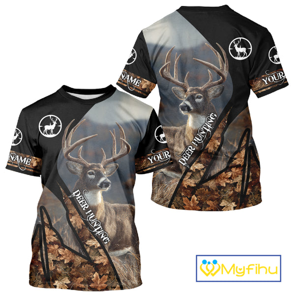 Whitetail Deer Hunting Shirt With Autumn Leaves Camo Pattern For Fall Season Hunters NHT75