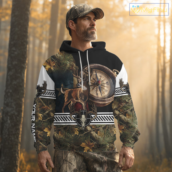 Deer Hunting Shirt Compass Design Forest Camo Custom Name Whitetail Deer Hunting Clothes NHT85