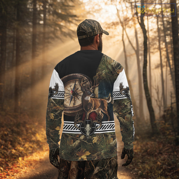 Deer Hunting Shirt Compass Design Forest Camo Custom Name Whitetail Deer Hunting Clothes NHT85