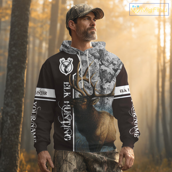 Elk Hunting Shirt Personalized 3D All Over Print Brown With Gray Camo Hunting Clothes NHT99