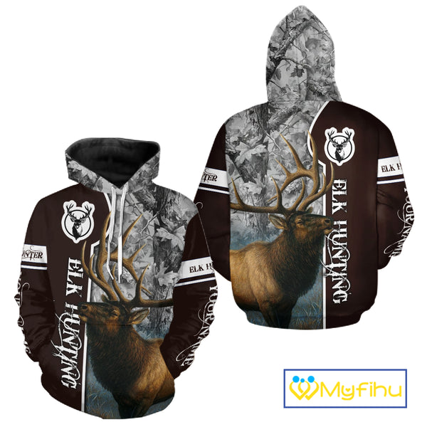 Elk Hunting Shirt Personalized 3D All Over Print Brown With Gray Camo Hunting Clothes NHT99