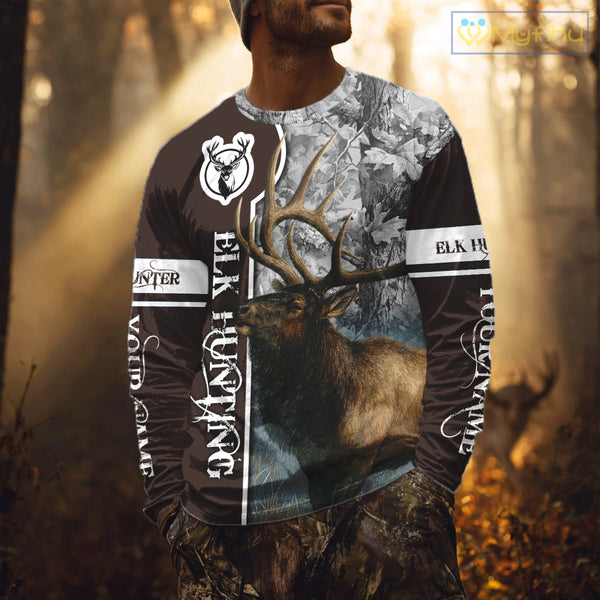 Elk Hunting Shirt Personalized 3D All Over Print Brown With Gray Camo Hunting Clothes NHT99
