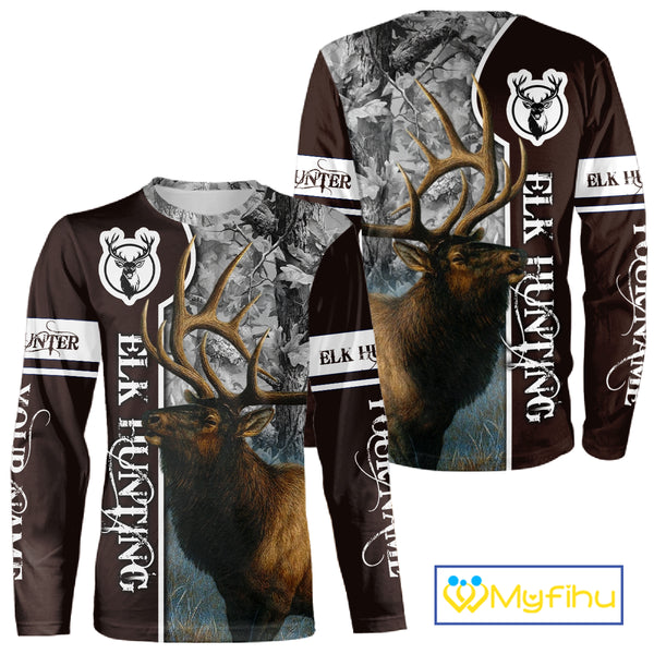 Elk Hunting Shirt Personalized 3D All Over Print Brown With Gray Camo Hunting Clothes NHT99