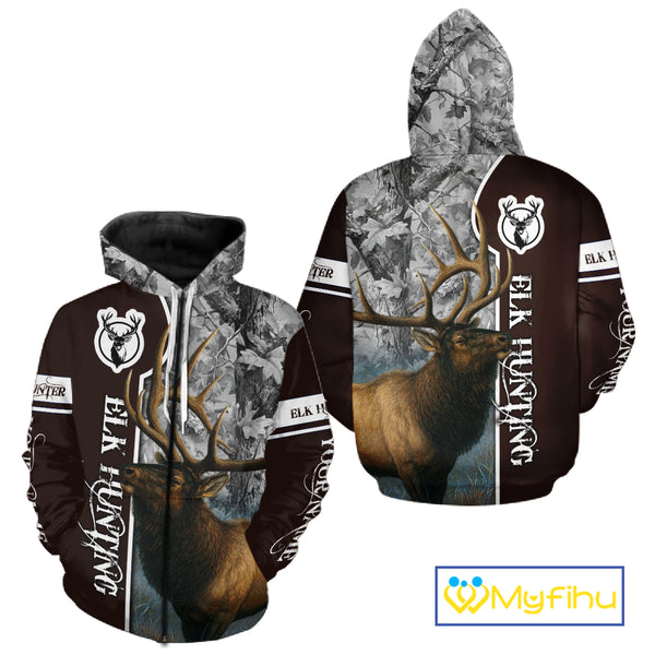 Elk Hunting Shirt Personalized 3D All Over Print Brown With Gray Camo Hunting Clothes NHT99